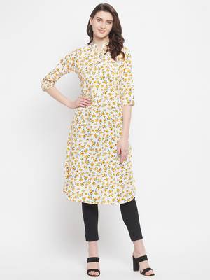 Off White Floral Printed Crepe Kurti 1