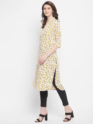 Off White Floral Printed Crepe Kurti 3