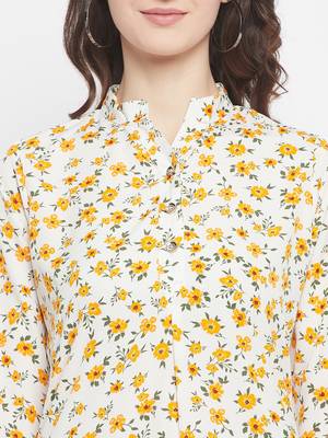 Off White Floral Printed Crepe Kurti 4