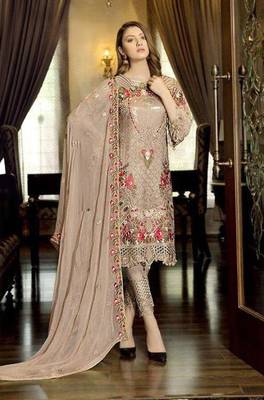 Designer Beige heavy Faux georgette with embroiderey work shtraight suit 1