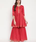 Ahalyaa Women Red Ethnic Motifs Printed Empire Gotta Patti Pure Cotton Kurta with Sharara