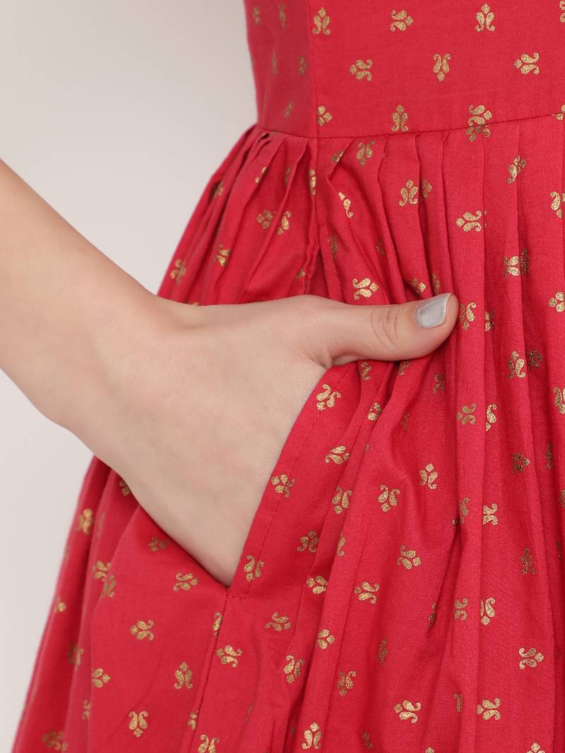 Ahalyaa Women Red Ethnic Motifs Printed Empire Gotta Patti Pure Cotton Kurta with Sharara