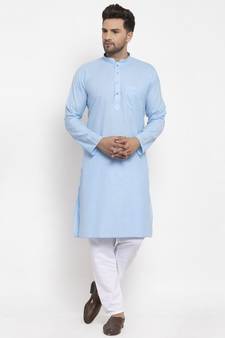 Men Turquoise Blue and White Cotton Solid Kurta with Pyjamas