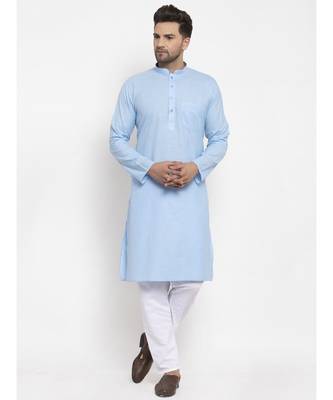 Men Turquoise Blue and White Cotton Solid Kurta with Pyjamas 1