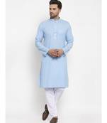 Men Turquoise Blue and White Cotton Solid Kurta with Pyjamas