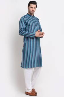 Men Cotton Stripped Blue Kurta with Pyjamas