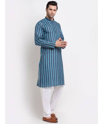Men Cotton Stripped Blue Kurta with Pyjamas 1