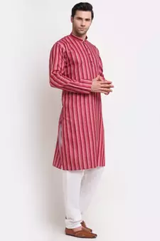 Men Cotton Stripped Pink Kurta with Pyjamas