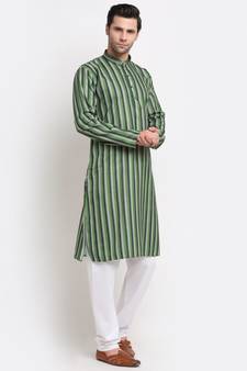 Men Cotton Stripped Green Kurta with Pyjamas