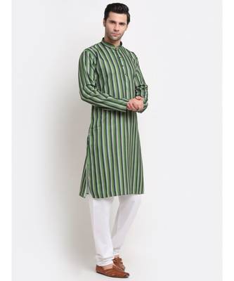 Men Cotton Stripped Green Kurta with Pyjamas 1