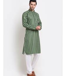 Men Cotton Stripped Green Kurta with Pyjamas