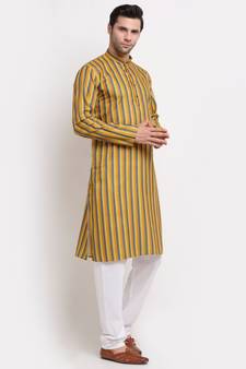 Men Cotton Stripped Mustrad Kurta with Pyjamas