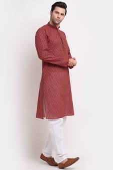 Men Cotton Printed Red Kurta with Pyjamas