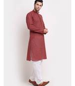 Men Cotton Printed Red Kurta with Pyjamas