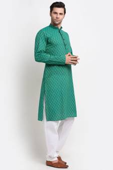 Men Cotton Printed Green Kurta with Pyjamas