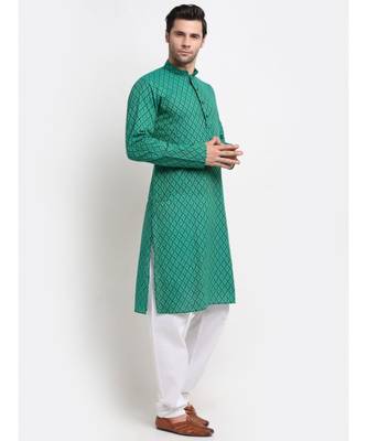 Men Cotton Printed Green Kurta with Pyjamas 1