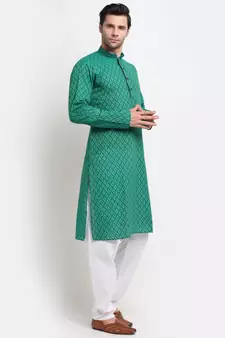 Men Cotton Printed Green Kurta with Pyjamas