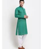 Men Cotton Printed Green Kurta with Pyjamas
