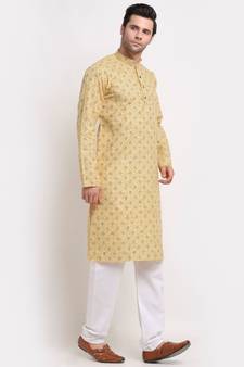 Men Cotton Printed Yellow Kurta with Pyjamas