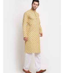Men Cotton Printed Yellow Kurta with Pyjamas