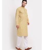 Men Cotton Printed Yellow Kurta with Pyjamas