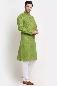 Men Cotton Printed Green Kurta with Pyjamas