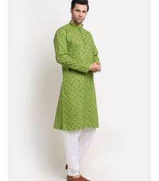 Men Cotton Printed Green Kurta with Pyjamas