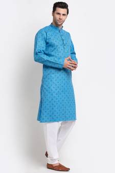 Men Cotton Printed Blue Kurta with Pyjamas