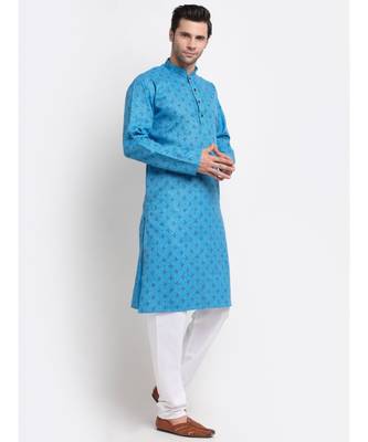 Men Cotton Printed Blue Kurta with Pyjamas 1