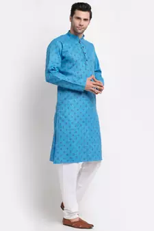 Men Cotton Printed Blue Kurta with Pyjamas