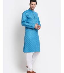 Men Cotton Printed Blue Kurta with Pyjamas