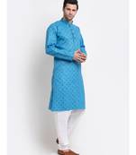 Men Cotton Printed Blue Kurta with Pyjamas