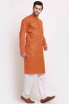 Men Cotton Printed Orange Kurta with Pyjamas