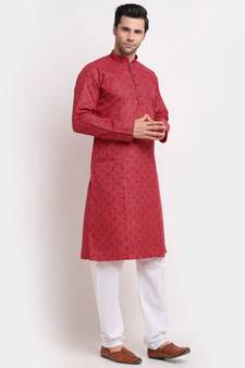 Men Cotton Printed Pink Kurta with Pyjamas