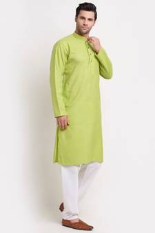 Men Cotton Check Green Kurta with Pyjamas