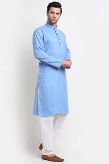 Men Cotton Check Blue Kurta with Pyjamas