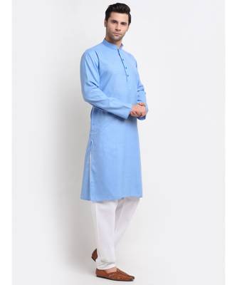 Men Cotton Check Blue Kurta with Pyjamas 1