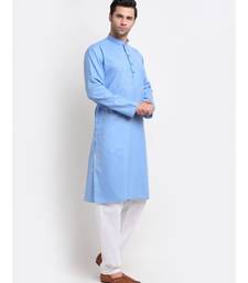 Men Cotton Check Blue Kurta with Pyjamas
