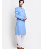 Men Cotton Check Blue Kurta with Pyjamas