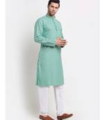 Men Cotton Check Sea Green Kurta with Pyjamas