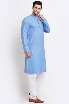 Men Cotton Striped Blue Kurta with Pyjamas