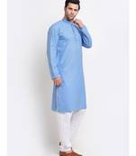 Men Cotton Striped Blue Kurta with Pyjamas