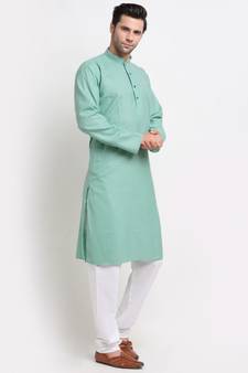 Men Cotton Striped Sea Green Kurta with Pyjamas