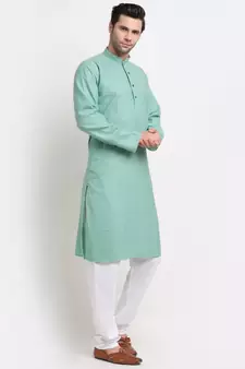 Men Cotton Striped Sea Green Kurta with Pyjamas