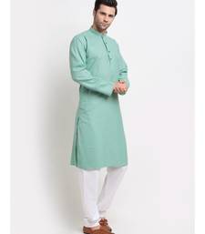Men Cotton Striped Sea Green Kurta with Pyjamas