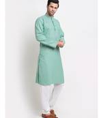 Men Cotton Striped Sea Green Kurta with Pyjamas
