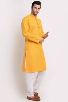 Men Cotton Striped yellow Kurta with Pyjamas
