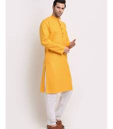 Men Cotton Striped yellow Kurta with Pyjamas