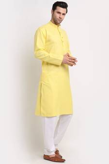 Men Cotton Striped Yellow Kurta with Pyjamas