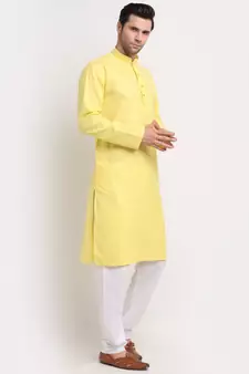 Men Cotton Striped Yellow Kurta with Pyjamas